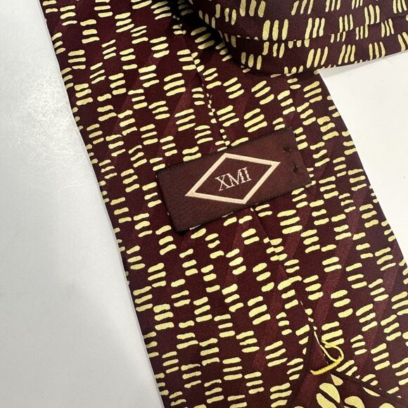 XMI Mens Silk Neck Tie Geometric Brown and Lime Green - Picture 2 of 7